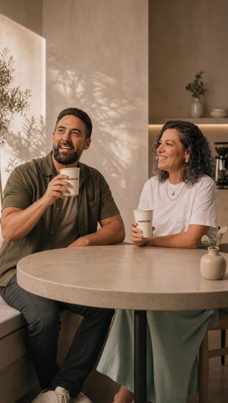 Os pastores Juan e Keila sentados a uma mesa, cada um com um copo do Hangar 7 na mão